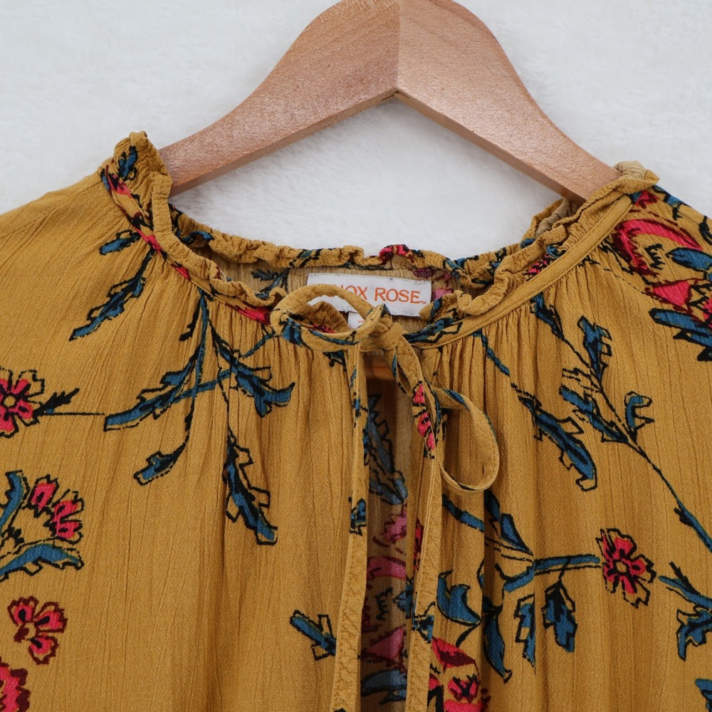 Knox Rose Floral Boho Dress Womens Size L Mustard Yellow Tiered Pockets Peasant - Picture 12 of 13
